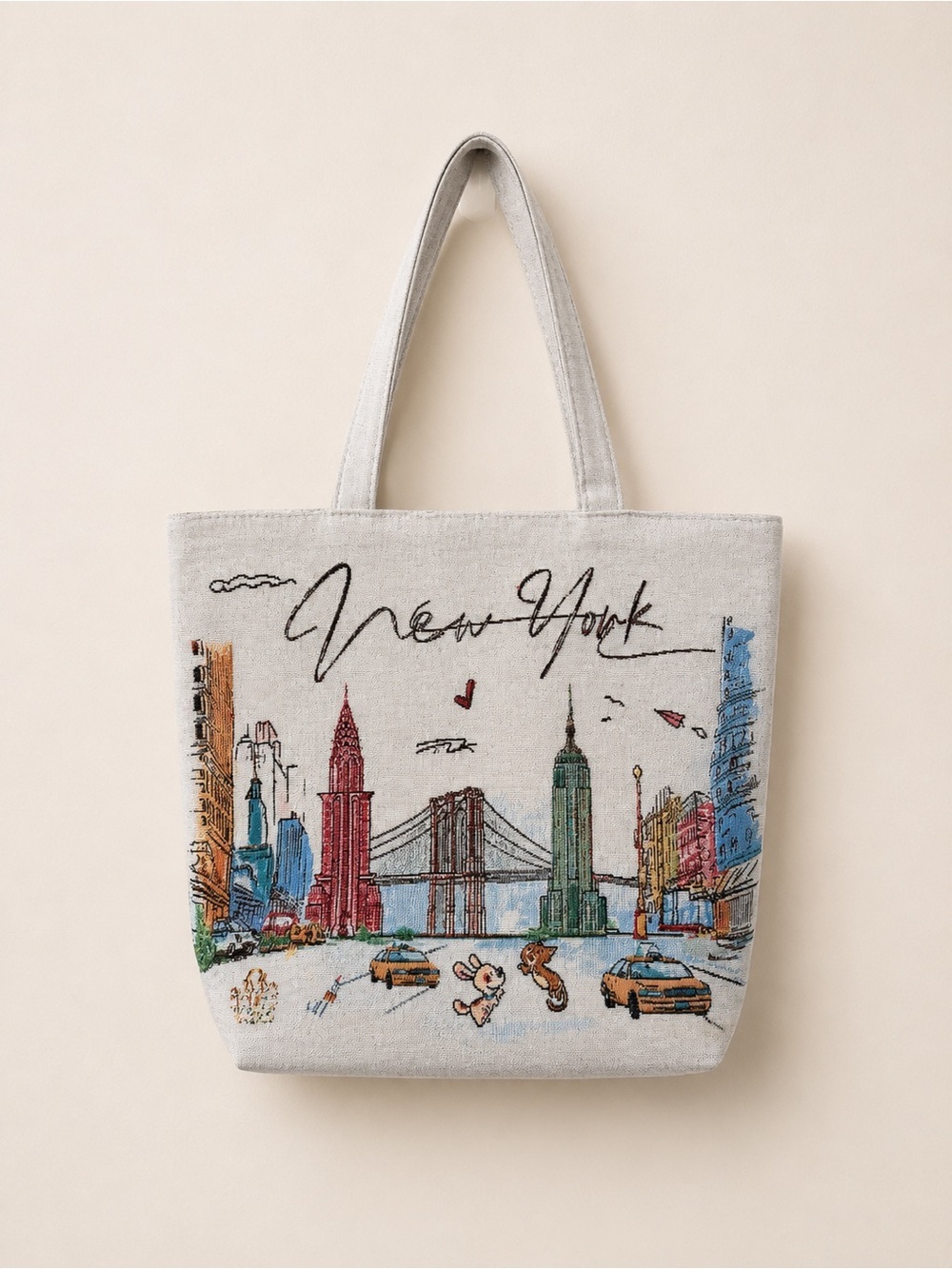 New York City Zippered Embroidered Tote Bag